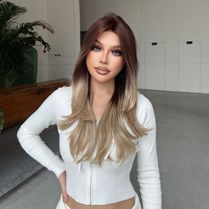 Sophia-DWY Long Wavy Free Part Synthetic <b>Wig</b> Transparent Lace Front for Ombre <b>Brown</b> Blonde Free Part Synthetic <b>Wig</b> - Product Image 4