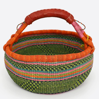 Panier Bolga africain fait main en jonc de mer naturel avec poignée en cuir – Rangement décoratif et essentiels pour pique-nique, rangement domestique