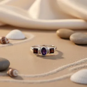 14K Classic Style <b>Garnet</b> & Amethyst <b>Ring</b> Natural Stone Pear Shape Rhodium Plated Set 925 Silver for Women Great Gift Jewelry - Product Image 2