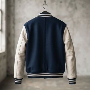 Veste de baseball personnalisée en laine bleu marine avec manches en cuir blanc et patch brodé de qualité supérieure - Product Image 2