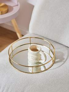 Plateau à miroir à bord côtelé doré de luxe Plateau rond décoratif pour entrée de vanité de table ou arrangement d'accent de pièce maîtresse - Product Image 5