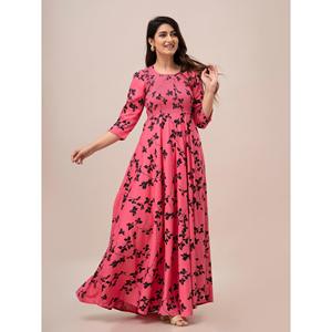 Robe longue tendance rose à imprimé floral avec taille élastiquée smockée, fermeture éclair et décoration drapée, tailles XS-XL pour les journées décontractées - Product Image 4