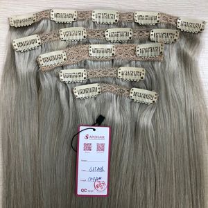Extensiones de cabello virgen Remy rubio ceniza de Venta caliente conjunto de Color teñido con Clip recto dibujado Doble - Product Image 1