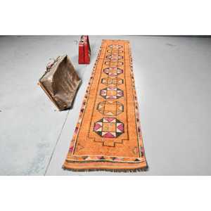Turkish Vintage <b>Runner</b> <b>Rug</b> 2.4x12.3 ft, Herki Orange Wool <b>Rug</b> - Product Image 1