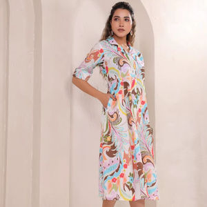 Robe midi Paisley à fleurs Robe d'été Robe en coton bohème Tenue d'été pour femmes - Product Image 1