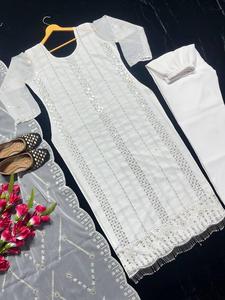 Presenting Heavy Designer Faux Georgette Heavy Embroidery Sequence Work Long Top <b>and</b> Pant With Sequence Cut Work Dupatta - Product Image 4