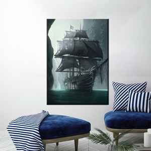 Impression sur toile nautique mystérieuse : Art d'aventure avec navire pirate sombre, encadré style galerie - Product Image 1