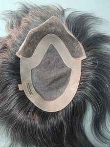 Taz Hair BD Fusion Perruque toupet en cheveux humains Remy à trame nouée à la main, base en dentelle frontale, couleur mixte 1B, patchs capillaires gris, prothèse capillaire - Product Image 6