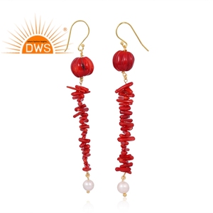 Best Selling Sterling Silver 18K Flash <b>Gold</b> Plated Pearl & Coral Cultured Gemstone <b>Dangle</b> <b>Earring</b> Demi Fine Jewelry Manufacturer - Product Image 4