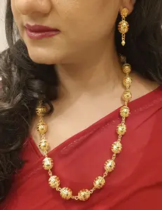 Pemasok perhiasan etnis India anting-anting kalung pengantin pernikahan berlapis emas rumbai rantai manik-manik logam besar perhiasan untuk wanita