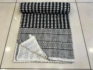 Bohemian Floral Hand Block Printed Kantha Blanket Pure Cotton Reversible <b>Bed</b>/Sofa Throw Hand Crafted Kantha Stitch for Home Use - Product Image 3