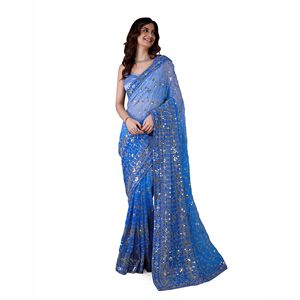 Trendmalls non cousu bleu ciel Georgette Saree décontracté mariage séquence broderie chemisier pièce (K963) indien/pakistanais femmes - Product Image 1