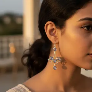 Boucles d'oreilles en argent 925 pour femmes avec pierre de lune et plaqué or, design géométrique en forme de goutte, pierre principale en or rose pour les mariages et les fêtes - Product Image 3