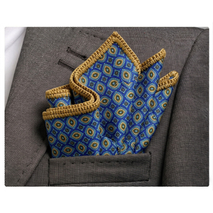 Blue and Golden Geometric Handmade Knitted <b>Edge</b> Signature Border Handkerchief Elegant Dining Pocket <b>Square</b> for Blazers Suits - Product Image 1