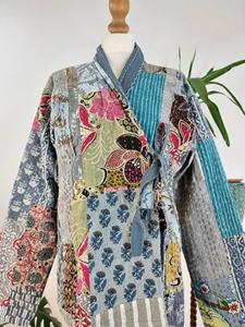 Women's Top Kantha Quirky Grey Pastel Hue Patchwork <b>Jacket</b> Reversible Short Length Spring Front Tie Open <b>Kimono</b> Beach Suitable - Product Image 4