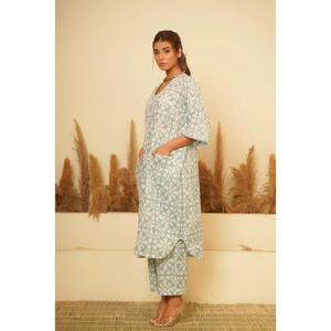 Ensemble Kurta Pantalon pour Femme, Style Gothique, Imprimé Floral, Longueur au Sol, Col en V, Coupe Ample, Tunique, Pantalon Droit, Décontracté, Coton, Ensemble Ethnique Coordonné - Product Image 2