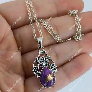 Turquoise Necklace 925 Sterling <b>Silver</b> Handmade Pendant Chain Purple Copper Turquoise Jewelry Pear Shape Fine Pendants Charms - Product Image 1