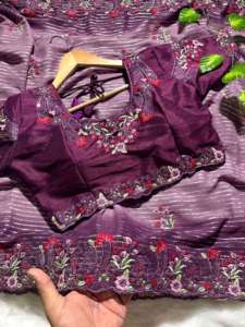 Dernière tenue de créateur, sari en georgette pur et doux tendance avec des fils de broderie lourds, travail de séquence de 3 mm, mode féminine - Product Image 6