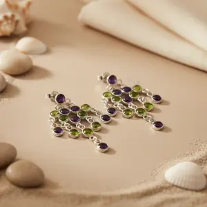 Boucles d'oreilles pendantes vintage pour femmes en argent 925 avec améthyste, péridot, perle d'eau douce, or 18 carats, diamant, turquoise, style goutte - Product Image 2