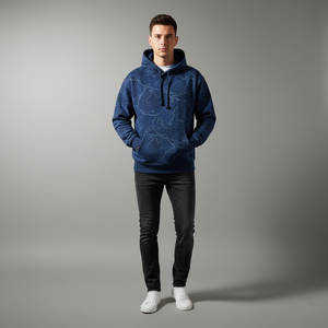 Sweat à capuche d'hiver personnalisé avec logo numérique bleu topographique, 100 % coton molletonné respirant, streetwear homme, pull à poches - Product Image 3