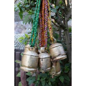 Shabby Chic Rustic Vintage Antique Tin Cow Bells Set of 6 Decorative Hanging Bells with Braided Sari Fabric Handle <b>Music</b> <b>Boxes</b> - Product Image 5