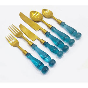 Juego de cubiertos de acero inoxidable chapado en oro cepillado moderno de 6 con mango azul para hoteles, restaurantes, catering y eventos de banquetes - Product Image 1