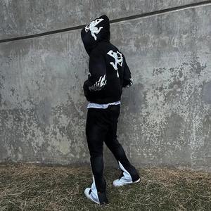 Conjuntos de dos piezas personalizados apliques desgastados logotipo bordado pantalones de chándal joggers chándal acampanado unisex lavado ácido jogging trajes hombres - Product Image 3