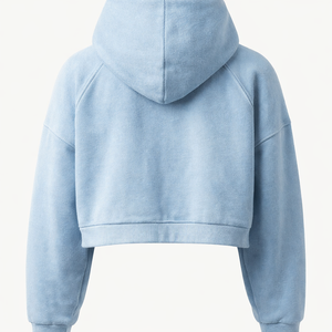 Sudadera con capucha corta para mujer, con cremallera completa, de forro polar oversize, con hombros caídos, color azul claro liso, personalizable con logo. - Product Image 2