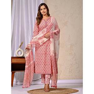 ชุดคุรตะผ้าฝ้ายพิมพ์ลายพีชพร้อมเสื้อชีฟองแขนสามส่วนสำหรับใส่ในชีวิตประจำวัน - Product Image 5