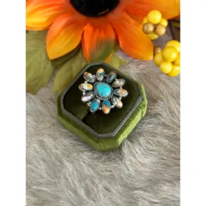 Bague ajustable en argent sterling plaqué rhodium avec turquoise et opale, faite à la main au sud-ouest, bijoux fins - Product Image 3