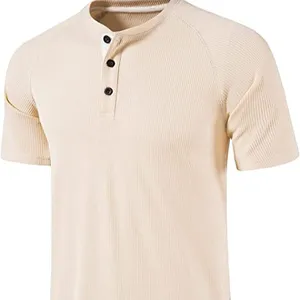 Camiseta de manga curta com gola tripulada, camiseta casual masculina de waffle henley
