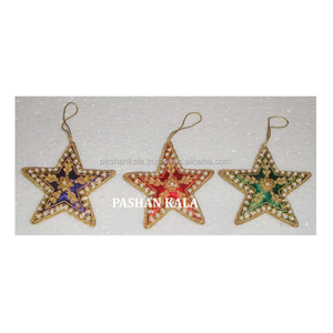 Broderie Zari faite à la main arbre de noël suspendu ornement tissu matériel forme d'étoile avec travail perlé utilisé décoration de Festival - Product Image 1