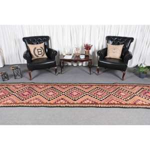 Kilim, alfombra de lana rosa marrón, 3x11,7 pies, tejido plano turco hecho a mano, Jacquard, patrón abstracto, látex para pasillo, espacio rectangular - Product Image 2