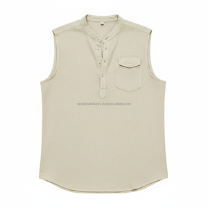 เสื้อกล้ามเฮนลีย์ผู้ชายแบบสั่งทำ OEM ผ้าฝ้ายผสมลินิน เสื้อกั๊กชายหาดฤดูร้อนลำลอง คอปกแบบแบนด์ ทรงเข้ารูป มีกระเป๋าแบบฝาปิด - Product Image 1