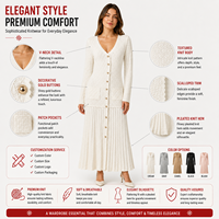 FNJIA Nouvelle Robe Élégante Blanche pour Femme, Tricotée Creuse, Col en V Ample, Manches Longues Boutonnées, Simple, Longueur Midi, Naturelle et Respirante