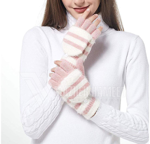 Gants demi-doigts thermiques en tricot rayé à la mode décontractée pour hommes et femmes Nouveau design Gants chauds d'hiver du Pakistan - Product Image 3