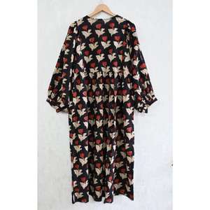 Womens <b>Boho</b> Cotton Hand Block Print Maxi <b>Dress</b> Sustainable <b>Summer</b> Wear Long Sleeve Washable Natural Waist - Product Image 5