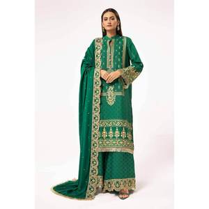 Traje Karandi de Satén Dorado de 3 Piezas Sin Coser con Chal de Pashmina Bordado y Estampado Laca AP-42046 - Product Image 4