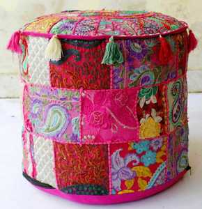 Indian Traditional Style Pouf <b>Cover</b> Handmade Embroidered Patchwork Kantha Decorative <b>Round</b> Ottoman <b>Covers</b> Floor Pouf Gift Item - Product Image 1