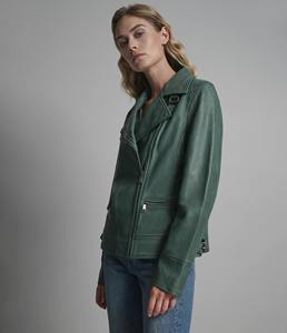 Chaqueta de Cuero de Oveja Verde Salvia para Mujer, Chaqueta de Piloto con Cierre Asimétrico, Forro de Algodón Cortavientos, Cuello Mao, Ropa de Abrigo de Invierno - Product Image 4