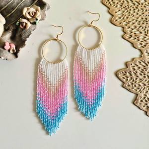 Boho <b>bead</b> earrings with turquoise design andy cascading <b>fringe</b>, unique jewelry gift - Product Image 6