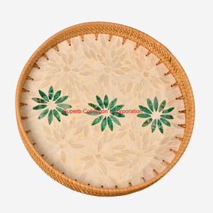 Plateau de service ovale vintage en rotin avec fleur élégante nacre plateau incrusté pour la cuisine et les repas écologique et fait à la main - Product Image 4