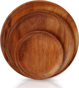 Juego de cuatro platos de cena de madera de acacia, platos redondos rústicos de madera, bandejas para servir con textura de grano para la cena diaria y fiestas - Product Image 2