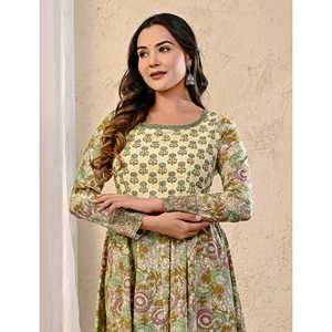 Grey Jaal Printed Cotton Anarkali <b>Dress</b> Casual <b>Boho</b> Style Breathable Free Size <b>for</b> <b>Wedding</b> Parties and Guests - Product Image 1
