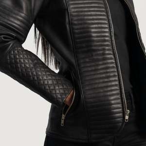 Custom Ladies' Black <b>Sheepskin</b> Bomber <b>Jacket</b> with Cowhide Leather and Sequin Decorations - Product Image 6