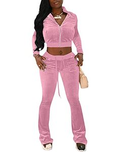 Top Selling Women's Solid Velvet Two-Piece Crop <b>Zip</b> Hoodie & High Waist Pants Track Suit Set Quick Dry Breathable - Product Image 5