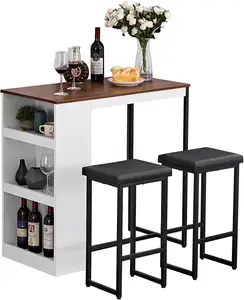 Kitchen bar table attached with two stools storage rack Wooden countertop height table attached with sewn finish dining room