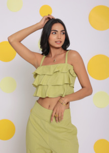 Solid Light Green Linen Co-ord Set Western Style Relaxed Sleeveless <b>Top</b> Natural <b>Waist</b> <b>Tie</b> Belt 2 Pockets Button Decoration Woven - Product Image 3