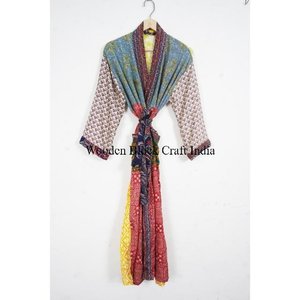 Luxury Floral Elegant Silk Patchwork Kimono Robe Handmade Indian Vintage Recycled Silk Sari <b>Long</b> <b>Sleeve</b> Drawstring Closure - Product Image 6