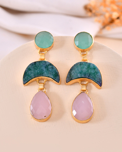 ต่างหูเม็ดกลมชุบทองคลาสสิกเครื่องประดับอย่างดีพร้อมโรสควอตซ์-พลอยคาลซิโดนีโลหะทองเหลืองสำหรับงานปาร์ตี้ - Product Image 3